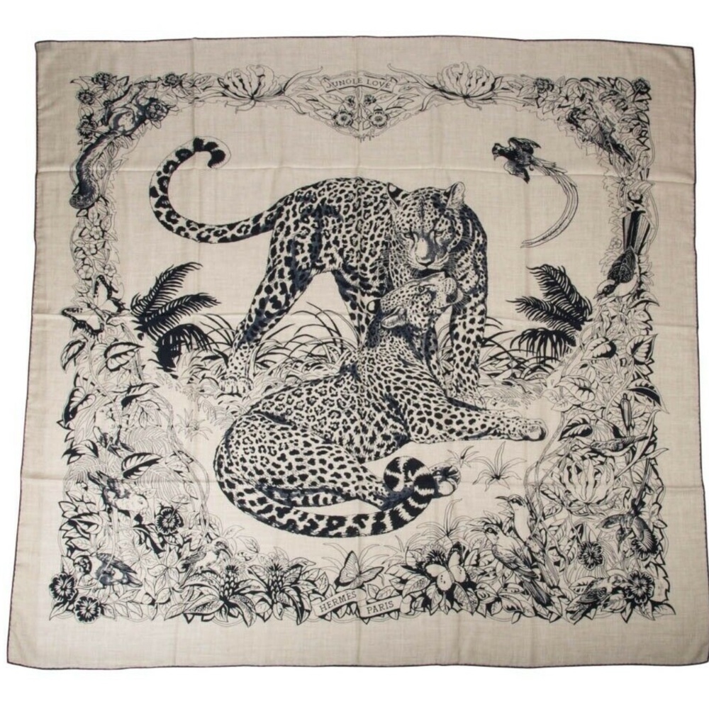 NWT AUTH HERMES BEIGE/ BLACK JUNGLE LOVE TATTOO SHAWL 140. 70% CASHMERE 30% SILK